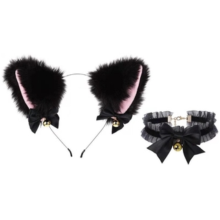 GOT Faux piel gatito orejas diadema con gargantilla Collar conjunto dulce Bowknot campanas Lolita pelo aro Anime Maid Cosplay disfraces accesorios (6)