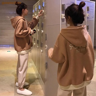 Traje holgado más terciopelo grueso otoño e invierno sabor de Hong Kong traje casual suéter suelto con capucha estudiante de dos piezas