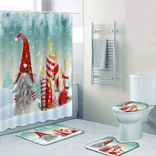 Home Happy Shower 3D Digital impresión navideña Gnome Elf cortina de ducha baño alfombra Base alfombrilla de inodoro combinación conjunto murciélago
