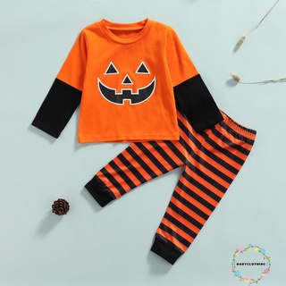 Bbcq-2 piezas de trajes de Halloween para bebés, bloque de Color para bebé, estampado de calabaza, manga larga, cuello redondo, pantalones de rayas