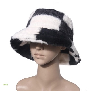 Han - sombrero de felpa suave de piel de conejo, color blanco y negro, diseño de rejilla grande