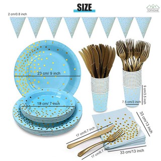 Tp 168PCS Gold-Stamping Party Supplies Disposable Party Dinnerware Includes Golden Dot Confetti Paper Plates Napkins Cutters Forks Spoons Cups for Cocktail Christmas Theme Party Graduation Anniversary Baby Shower Birthday -Serves 25, Light Blue