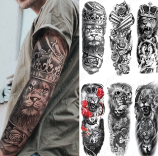 Large Arm Sleeve Tattoos Rose Waterproof Temporary Tatoo Sticker Wild Wolf Tiger Men Full Skull Totem Tatto