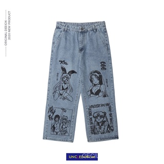 UNCLEDONJM-pantalones vaqueros con estampado de dibujos animados para hombre, ropa de calle informal con graffiti, holgado, azul, BF, Harajuku a3d7