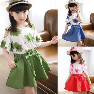 Niños Tops+falda conjunto de niños 2pcs Mini plisado volantes cintura niño traje blusa hombro frío impresión Floral