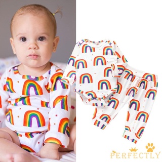 YL🔥Stock listo🔥PFT7-ZZ bebé niña otoño conjunto de traje de manga larga arco iris impresión mameluco + arco iris impresión/pantalones de Color sólido