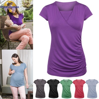 ETXK mujeres señora maternidad manga corta Slim Color sólido camiseta Top para lactancia embarazada