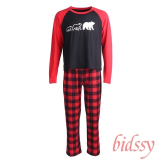 ✡Re♔Padre-hijo de navidad pijamas traje, cuello redondo camiseta + cuadros pantalones largos/Patchwork body