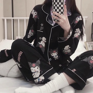 Pijamas para las mujeres Kuromi Sanrio baharu flores estaciones y manga larga completa fuera sut niñas dulce perkhidmatan casa chica y exterior usando nueva primavera y Texhidor traje casero (3)