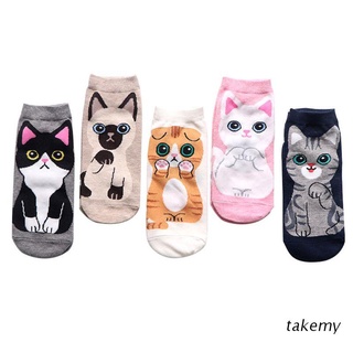 takemy 5 pares de calcetines de algodón de verano para mujer kawaii lindo gato animal impreso harajuku casual divertido recto corto tobillo hosiery