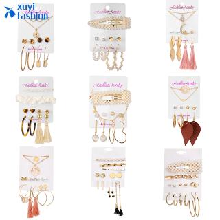 Bohemio perla pendientes Clip pelo collar joyería conjunto moda cristal Shell borla mujeres accesorios