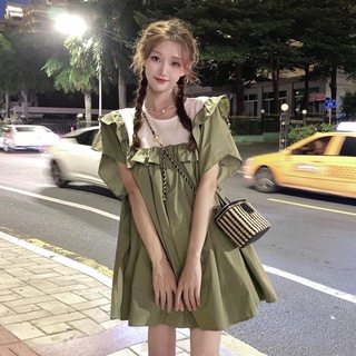 preppy estilo verde vestido de las mujeres verano suelto estilo occidental muñeca vestidos cortos