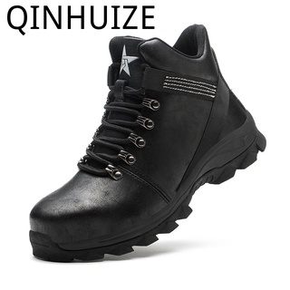 Qinhuize zapatos de trabajo de seguridad de alta parte superior de los hombres cómodo ligero impermeable resistente al desgaste zapatos de dedo del pie de acero botas de seguridad de trabajo