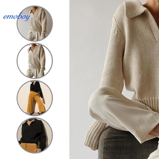 emoboy Knitwear Autumn Sweater V Neck Long Sleeve Knitted Pullover Turndown Collar for Daily Wear