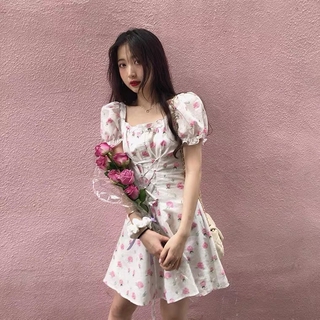 Verano primer amor cuello cuadrado Floral una palabra vestido de las mujeres Slim Fit atado rosa impresión Cinched elegante Puff manga vestidos cortos (4)
