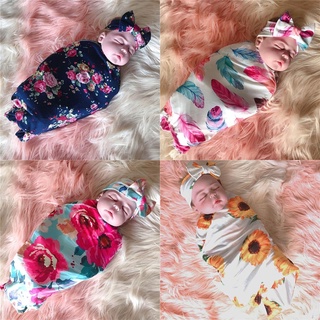 gaea* 2Pcs Newborn Baby Receiving Blanket Headband Set Infant Hair Accessories Floral Swaddle Wrap Sleeping Bag