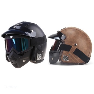 Timiby cascos de cuero PU 3/4 casco de motocicleta de cara abierta Vintage casco de motocicleta con máscara de gafas
