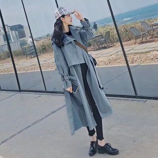 popular gabardina de las mujeres de la mitad de la longitud sobre la rodilla haze blue2021primavera y otoño nueva chica delgada estudiante coreano abrigo moda