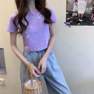 Women Clothes Shiny T-Shirts Short Sleeve Tops Solid Color Slim Fit Short Version Slim T-shirt Basic Korean Style Top Quality (8)