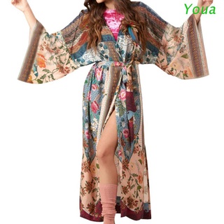 Youa mujer playa traje de baño cubierta Boho Floral impreso frente abierto Kimono Cardigan manga larga envoltura frontal Split Maxi túnica