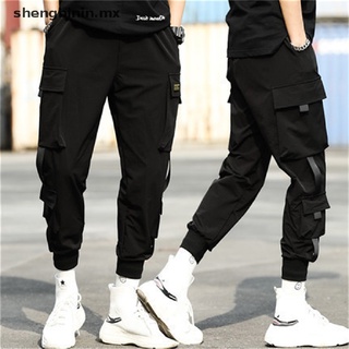 binin hombres bolsillos laterales cargo harem casual pantalones cintas hip hop joggers pantalones.