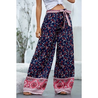 Vintage Pants Women Floral Print Wide Leg Bohemian Pants Ladies Sashes Loose Rayon Boho Long Pants M Size Navy Blue (2)