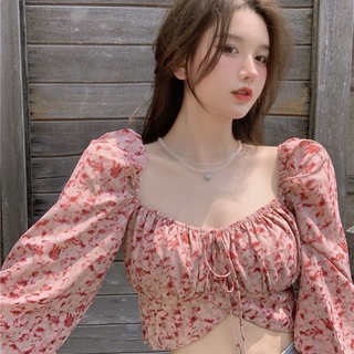 Seamoon mujer estampado Floral cuello cuadrado Sexy expuesto ombligo manga larga gasa camisa blusa (4)