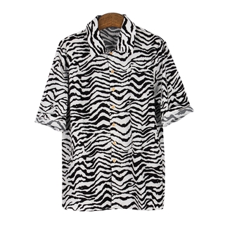 QAQ-camisa Casual de rayas cebra para hombre, manga corta solapa individual con botones sueltos