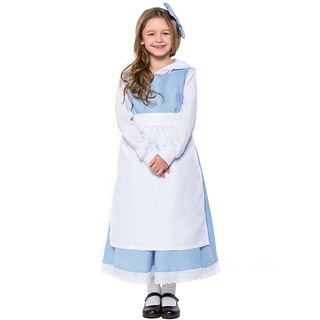 Girls Beauty And The Beast Belle White Blue Maid Dress Halloween Cosplay Costume