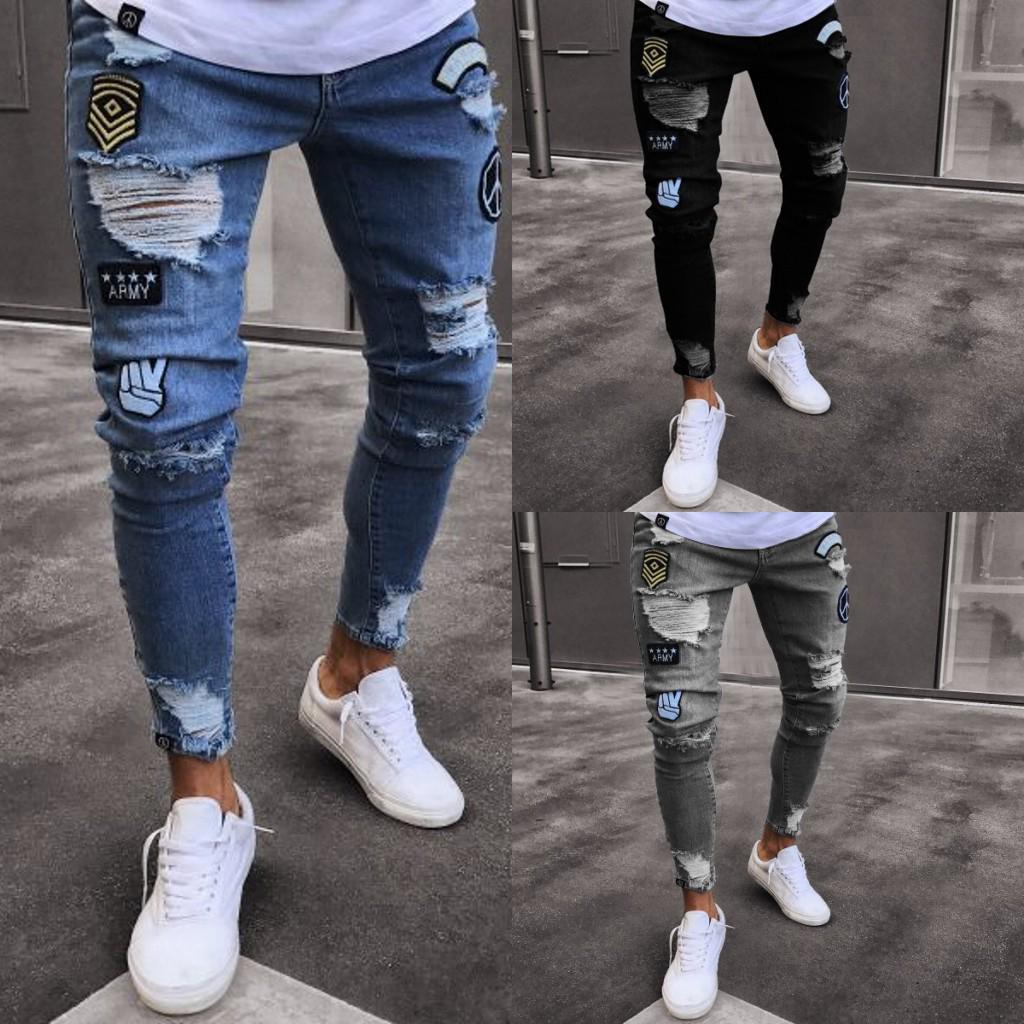 Jeans Ajustados Para Hombre Destruidos Taped Slim Fit Denim