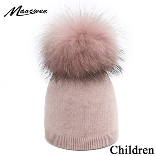 Gorro de bola de piel teñida lana mantener caliente gorro suave para niños Otoño e Invierno de lana de mapache