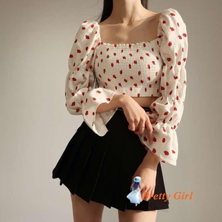 MELL-Women Fashion Strawberry Print Top Stylish Long Sleeve Square Collar Top