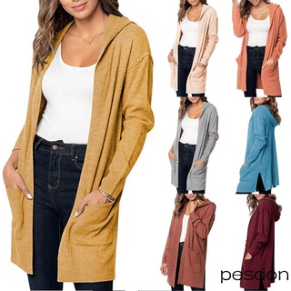 Cz-Mujer otoño punto cárdigan, Color sólido con capucha de manga larga frontal abierto abrigo de punto con bolsillos para niñas, 7 colores