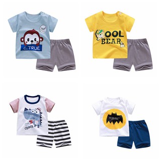 Los niños del bebé de verano de manga corta traje de niños niñas niños de algodón de la moda de dibujos animados lindo impresión de manga corta pantalones T-Shirt+pantalones cortos