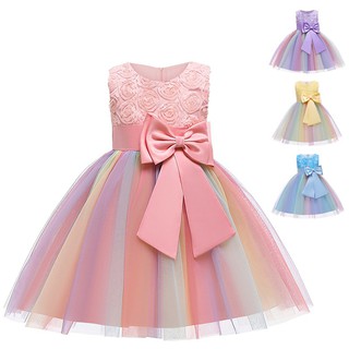Niñas vestidos de cumpleaños lindo arco iris malla princesa vestido moda rosa flores niñas vestido de 3-9 años ropa de niños (1)