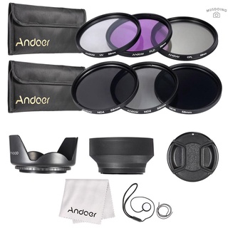 andoer kit de 58mm filtro de lente uv+cpl+fld+nd (nd2 nd4 nd8) con carry pouch/tapa de lente/tapete/tapete de hule/cubiertas para limpieza