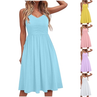 (wopyt.br) Mini vestido sin mangas con correa de espagueti para mujer con cuello en V/vestido Casual de playa