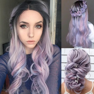 Peluca larga rizada de color violeta gradiente ondulado resistente al calor peluca sintética para mujer
