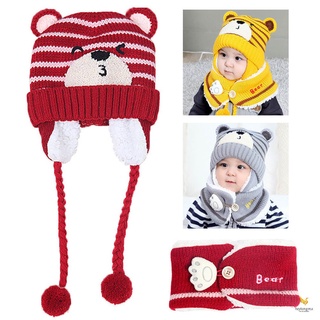 Bebé niño invierno de punto orejeras gorro gorra bufanda conjunto de niños de dibujos animados oso sombrero