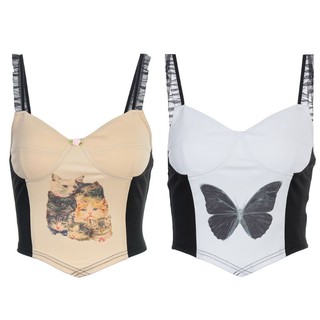 Mujer correa de encaje sin mangas Crop Top lindo gato mariposa impresión Slim camisola Sexy V-cuello contraste Color Bustier chaleco