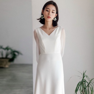 Francés luz vestido de novia 2021 nuevo vestido de novia de satén blanco V-cuello de manga larga vestido de fiesta de hadas