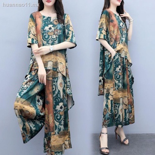 Single/suit imitation ice silk printing suit female plus size skirt pants 2021 loose short-sleeved mother s fashion two-piece suit