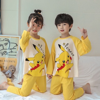 los niños pijamas de manga larga de los niños y las niñas de algodón de dibujos animados lindo color sólido ropa de hogar se puede usar fuera