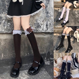 Doylm Women Girls Sweet Lolita Black White Knee High Socks Bowknot Ruffled Frilly Lace Trim Japanese Student Cotton Stockings