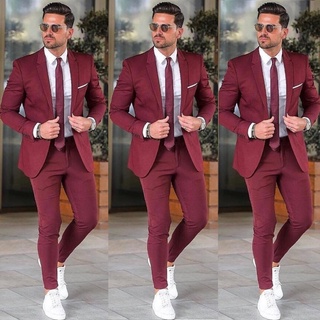 Maroon color elegante personalizado borgoña hombres traje Blazers para fiesta baile 2 piezas Chamarra + pantalones novio trajes de boda muesca solapa para hombre esmoquin