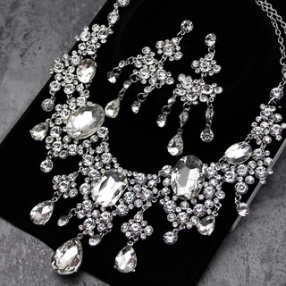 sujianxia 2Pcs/Set Shiny Full Rhinestone Tassel Bridal Statement Bib Necklace Earrings (2)