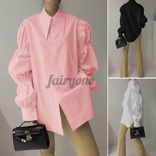ZANZEA Women Casual Puff Sleeve Button Front Basic Solid Color Blouse