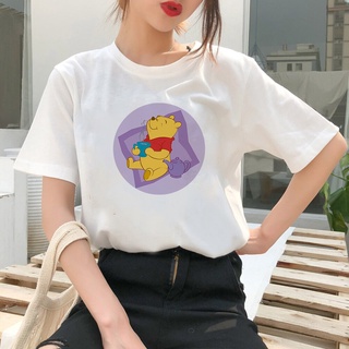 Dibujos Animados Impreso Mujer Camiseta Winnie The Pooh Casual T-shirt Envuelto Miel Olla Gris Suave