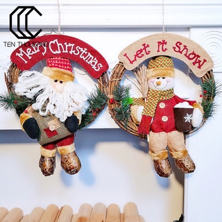 (navidad) Santa Claus muñeco de nieve madera de ratán Floral aro colgante de navidad casa puerta decoración