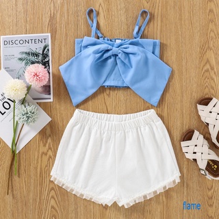 ♥JS✮Girl’s Summer Two Piece Set Fashion Solid Color Bow Suspender Tops and